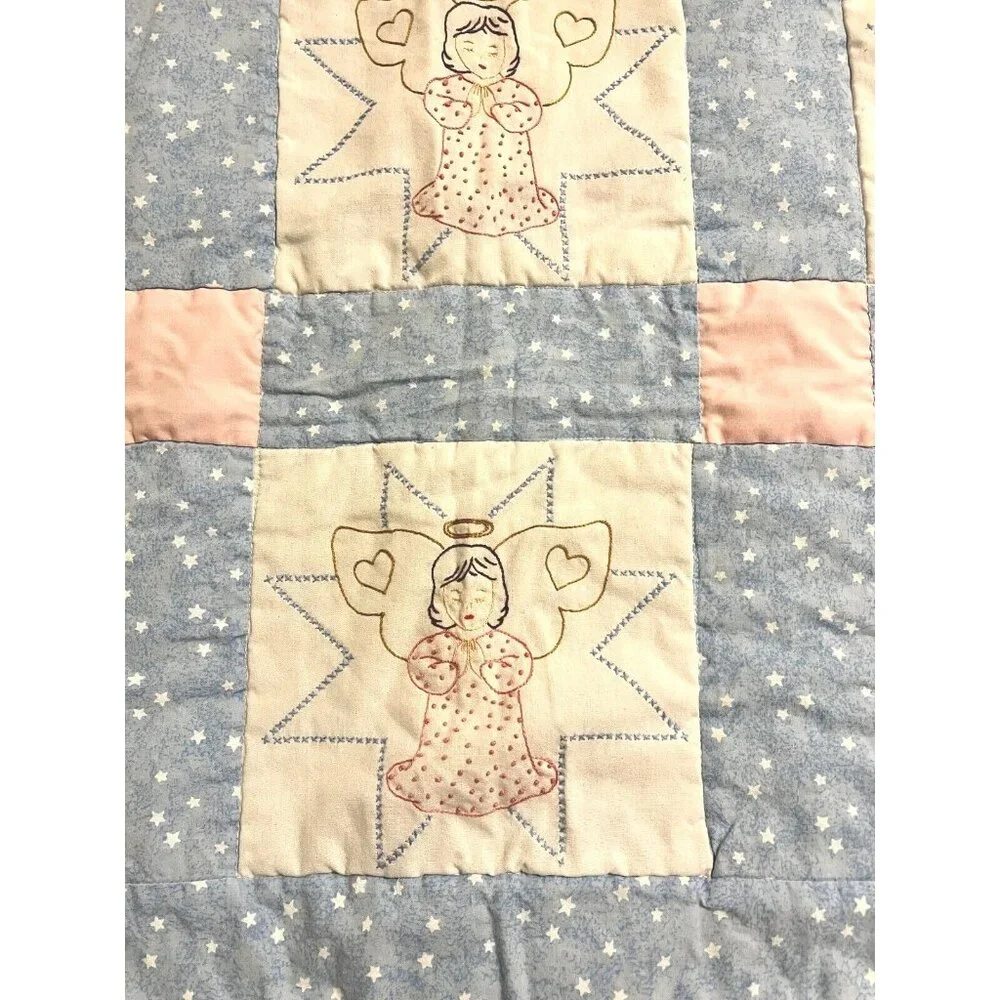 HM Crib Quilt Embroidered Farmhouse Angels Blue Pink Stars Lace 38x45 Country